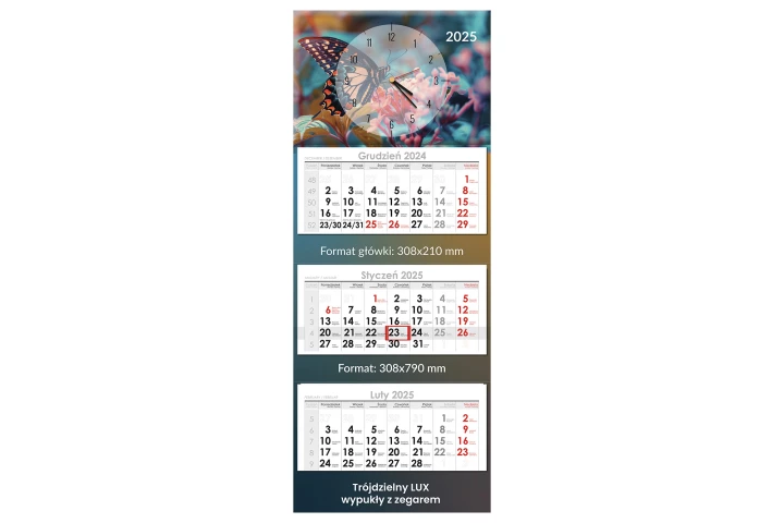 Kalendarz trójdzielny LUX wypukły z zegarem
